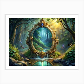 Ornate Golden Mirror Reflecting A Forest Art Print