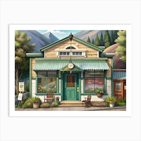 Green And Yellow Store Front With A Mountain View Art Print