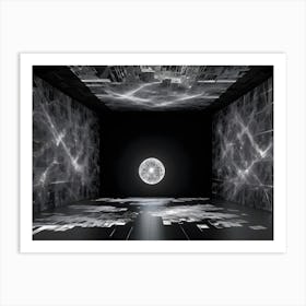 A Dark Room With A Glowing White Orb In The Center, Surrounded By Intricate Patterns On The Walls And Floor, Symbolizing A Virtual Reality Or A Digital World Art Print