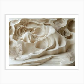 3d Relief Featuring Abstract Representations of a Desert Landscape with Textured Sand Dunes and Sparse 1 Art Print