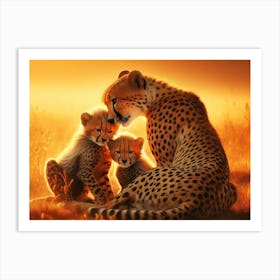 A cheetah mother grooming her cubs in the savannah Art Print
