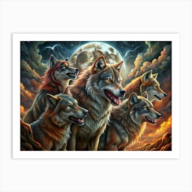 Pack Of Wolves Howling At The Full Moon Art Print