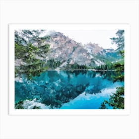 Rocky Mountains And Clear Blue Lake Oil Painting Landscape Art Print