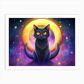 Black Cat With Yellow Eyes Sitting In Front Of A Yellow Ring In A Galaxy Art Print