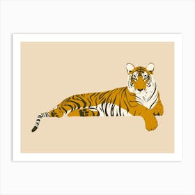 Tiger Relaxing - Beige Art Print