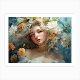 Upscaled Painting Of A Beautiful Girl With Flowers In The Style Of 19a9ce4a A839 4ec4 Ae29 B7c727b2292a Art Print