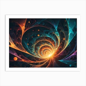 An Abstract Fractal Design Swirling Inwards With A Glowing Center, In Shades Of Blue, Orange, And Purple 1 Art Print