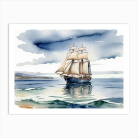 Sailing ship on the sea, watercolor painting 2 Art Print