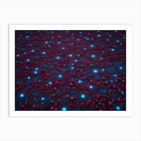 An Otherworldly Landscape Featuring A Dark Ground Scattered With Red Spheres And Illuminated By Glowing Blue Lights Art Print