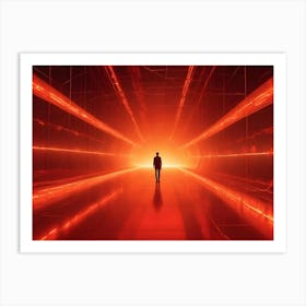 A Person In A Dark Silhouette Walks Towards A Bright, Red Light At The End Of A Futuristic, Glowing Tunnel Art Print