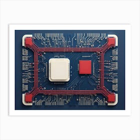 Blue Circuit Board With A Blank White Square In The Center And Red Accents, On A Dark Blue Background Art Print