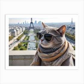 Cool Cat In Sunglasses And Scarf With Eiffel Tower In Background 1 Art Print