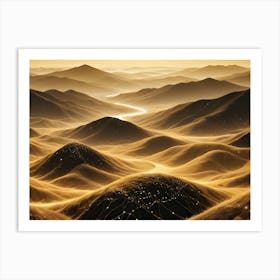 Golden, Surreal Landscape With Hills, A River, And A Subtle Network Of Glowing Lines Art Print