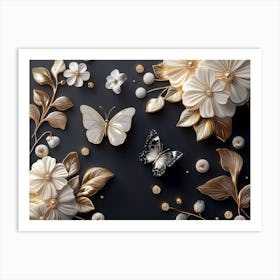 Luxurious Background with Flowers, Leaves and Butterflies 3 Art Print