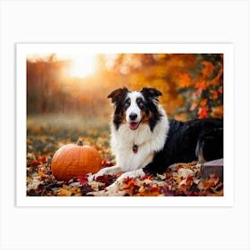 Autumnal Backdrop Transitioning Into Winter An American Border Collie Sits On A Bed Of Fallen Leave (5) Art Print