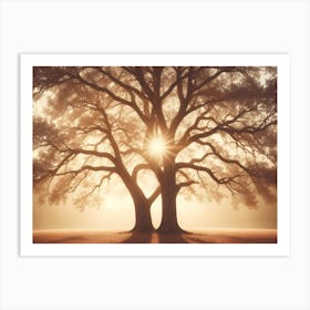 A Photograph Of Two Trees In A Foggy Forest Art Print