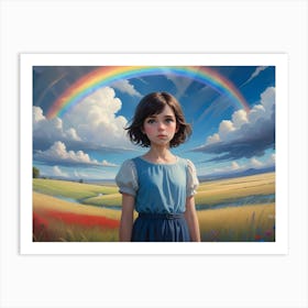 Young Girl With Brown Hair And Blue Eyes Standing In A Field With A Rainbow In The Sky Art Print