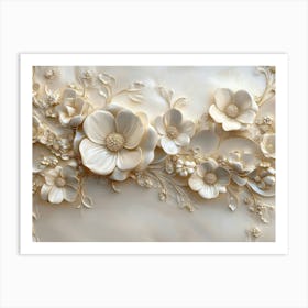 3d White Flower Art Background Golden Art Print