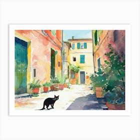 Black Cat In Rimini, Italy, Street Art Watercolour Painting 1 Art Print