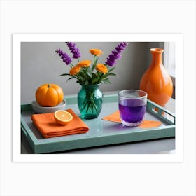 A Still Life Photograph Of A Tray With A Variety Of Colorful Objects, Including A Vase Of Purple And Orange Flowers, An Orange Pumpkin, An Orange Slice, And A Glass Of Purple Juice Art Print