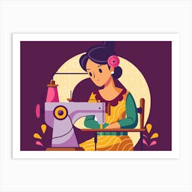 Woman Sewing On A Sewing Machine Art Print