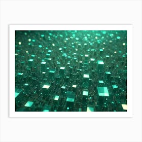 Abstract City Made Of Glowing Green Cubes, Resembling A Digital Landscape Art Print