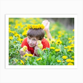 The boy lies in the grass with funny ducklings. Art Print