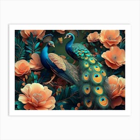 Bright Color Floral With Exotic Oriental Pattern Flowers And Peacocks 3 Art Print