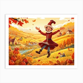 Cartoon Illustration Of A Joyful Feathered Pilgrim Character Adorned With A Traditional Happy Hat Art Print