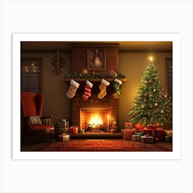 Cozy Christmas Eve Setting Crackling Fireplace Aglow In Living Room Corner Sparkling Tree Adorned 2 Art Print