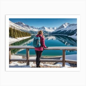 Woman trekking at snowy winter Alps, Rocky Mountains Art Print