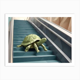 A Digital Illustration Of A Green Turtle Walking Up A Blue Escalator Art Print