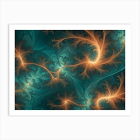 An Abstract Design With Swirling, Orange Tendrils On A Teal Background Art Print