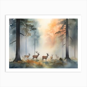 Deer In The Forest Paintings Art Print Art Print