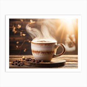 A Rustic Mug Of Hot Cappuccino Sitting On An Old Wooden Table The Rich Aroma Wafting Upwards Mingli Art Print