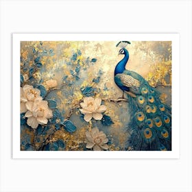 Exquisite Vintage Inspired Artistic Background with Abstract Illustrations, Floral Elements, Peacocks and Gold Accents Art Print