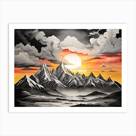 Vintage Sunset In The Mountains Black and Grey Art Print