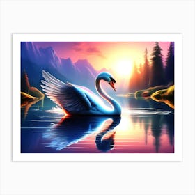 Swan Swimming Lake - Wild Bird Painting Artwork94 Art Print