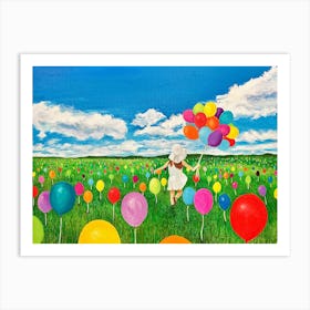 The Balloon Picker Girl In A Field Of Balloons Art Print
