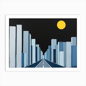 Cityscape At Night With Street And Yellow Moon Affiche