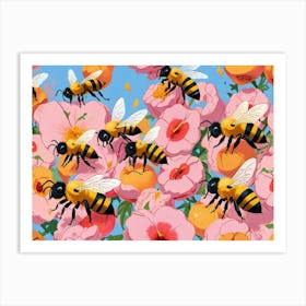 Bees On Peach Blossoms Art Print