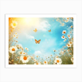 Daisy Field With Butterflies Art Print