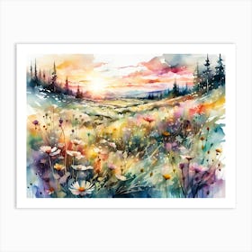 Watercolor Painting Landscape Flowers Trees Art Print