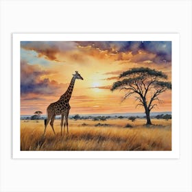 Land of the Setting Sun Sunset Giraffe Art Print