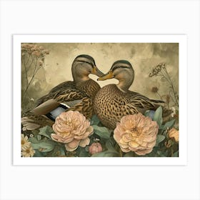 Floral Animal Illustration Mallard Duck 3 Art Print