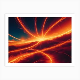 Abstract Lines Of Light, Appearing As Streaks Of Fire, Radiate Across A Dark Landscape Art Print