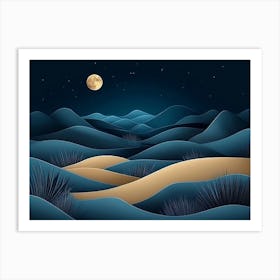 Abstract Sand Dunes Landscape With Moon At Night Affiche