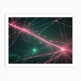 Abstract Representation Of Neurons Or Neural Networks, With Pink, Glowing Lines Connecting Nodes Across A Dark, Starry Background Art Print