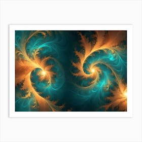 Abstract Image Featuring Intricate Swirling Patterns In Shades Of Teal, Gold, And White, Reminiscent Of Frost Or Delicate Foliage 2 Art Print