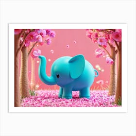 Turquoise Elephant Calf Amidst Pink Floral Blooms In A Whimsical Forest 3d Animation Style Cartoon Art Print